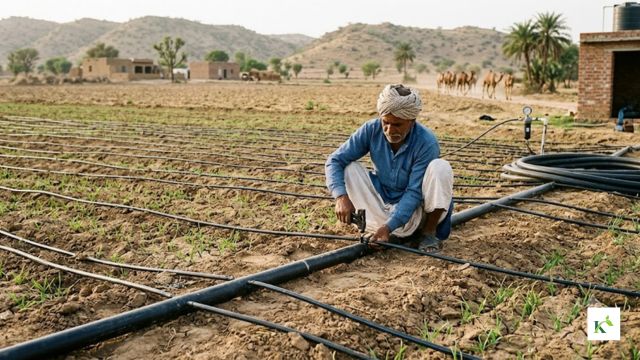 A kisaan setting up a drip irrigation line